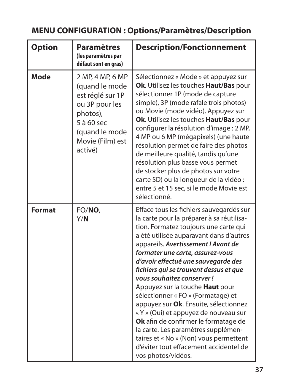 Option paramètres, Description/fonctionnement | Bushnell X-8 TRAIL CAM 119327 User Manual | Page 37 / 128