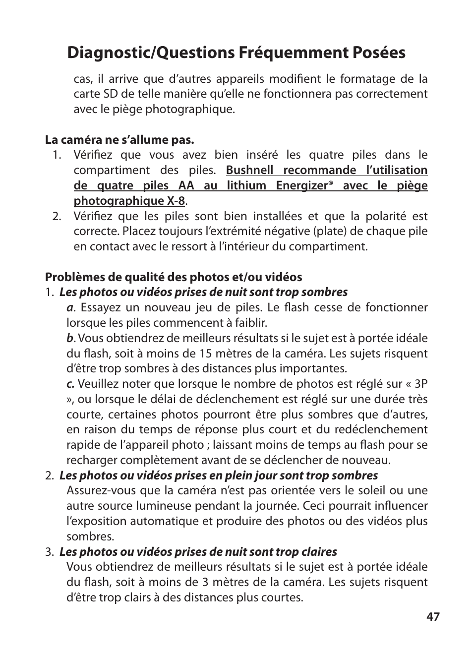 Diagnostic/questions fréquemment posées | Bushnell X-8 TRAIL CAM 119327 User Manual | Page 47 / 128