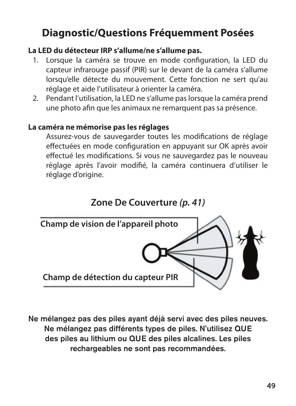 Diagnostic/questions fréquemment posées, Zone de couverture (p. 41) | Bushnell X-8 TRAIL CAM 119327 User Manual | Page 49 / 128