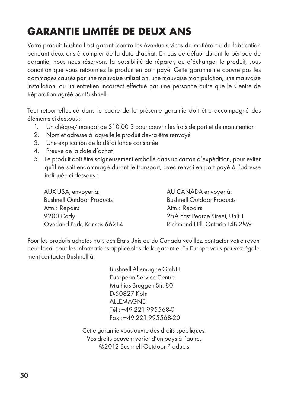 Garantie limitée de deux ans | Bushnell X-8 TRAIL CAM 119327 User Manual | Page 50 / 128