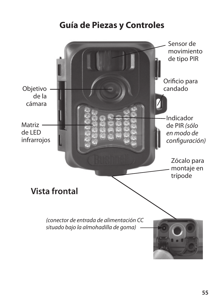 Vista frontal, Guía de piezas y controles | Bushnell X-8 TRAIL CAM 119327 User Manual | Page 55 / 128