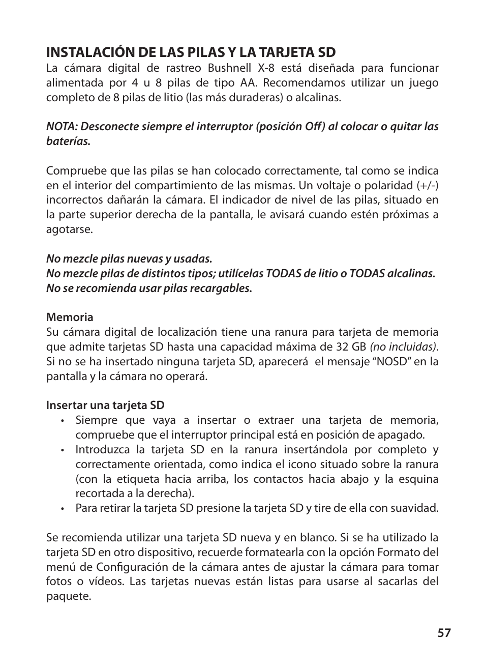 Instalación de las pilas y la tarjeta sd | Bushnell X-8 TRAIL CAM 119327 User Manual | Page 57 / 128