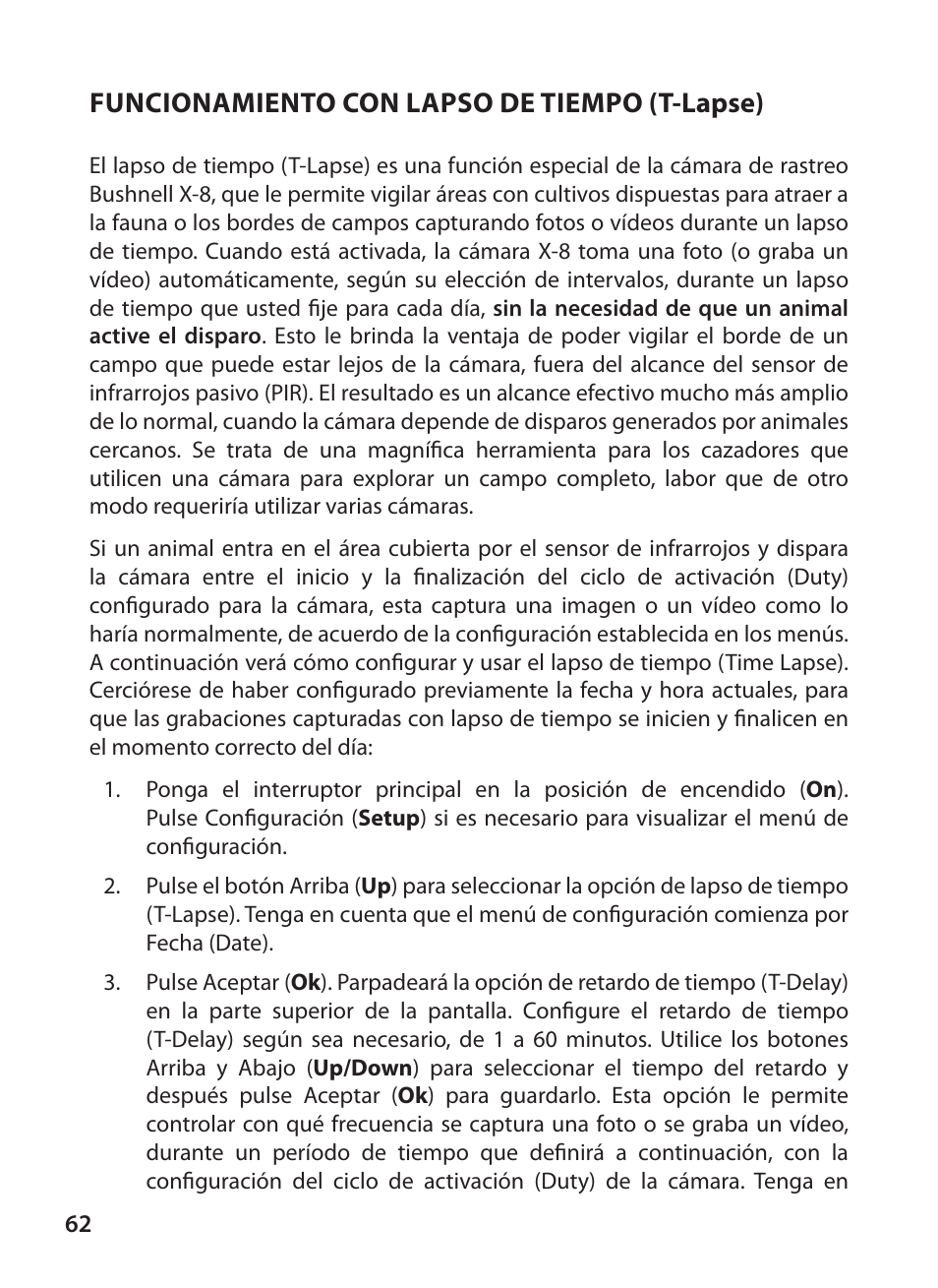 Funcionamiento con lapso de tiempo (t-lapse) | Bushnell X-8 TRAIL CAM 119327 User Manual | Page 62 / 128