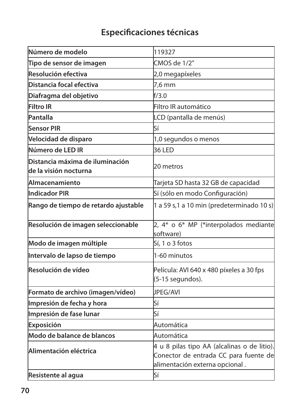 Especificaciones técnicas | Bushnell X-8 TRAIL CAM 119327 User Manual | Page 70 / 128