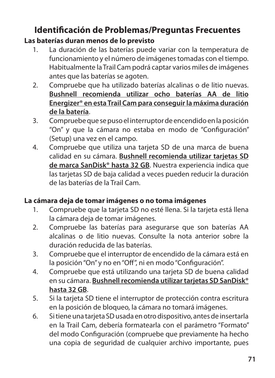 Identificación de problemas/preguntas frecuentes | Bushnell X-8 TRAIL CAM 119327 User Manual | Page 71 / 128
