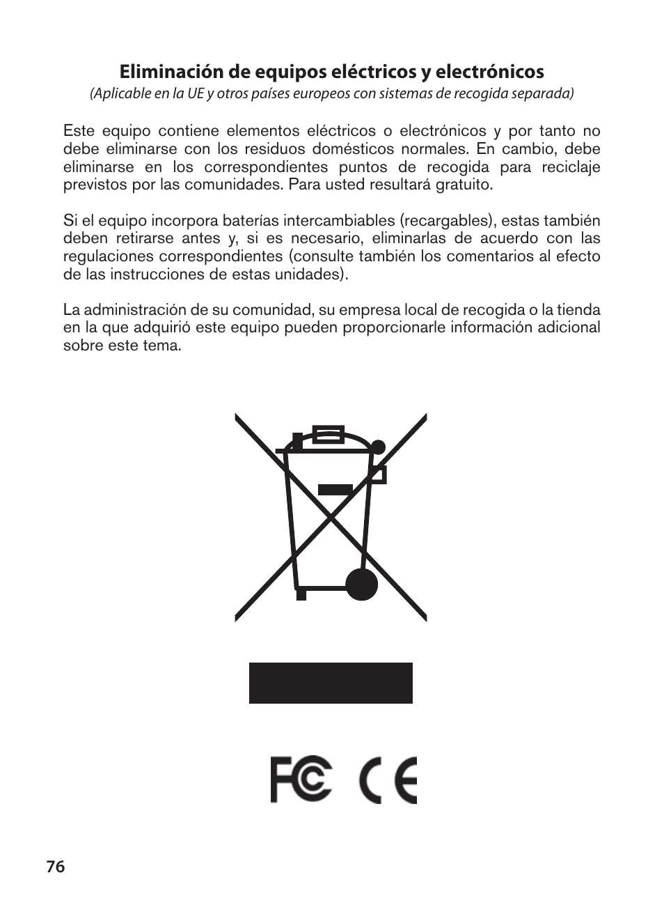 Eliminación de equipos eléctricos y electrónicos | Bushnell X-8 TRAIL CAM 119327 User Manual | Page 76 / 128