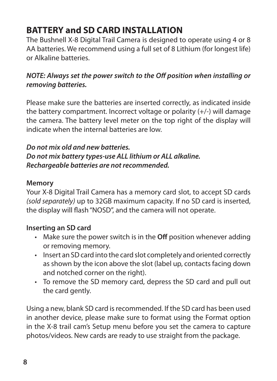 Battery and sd card installation | Bushnell X-8 TRAIL CAM 119327 User Manual | Page 8 / 128