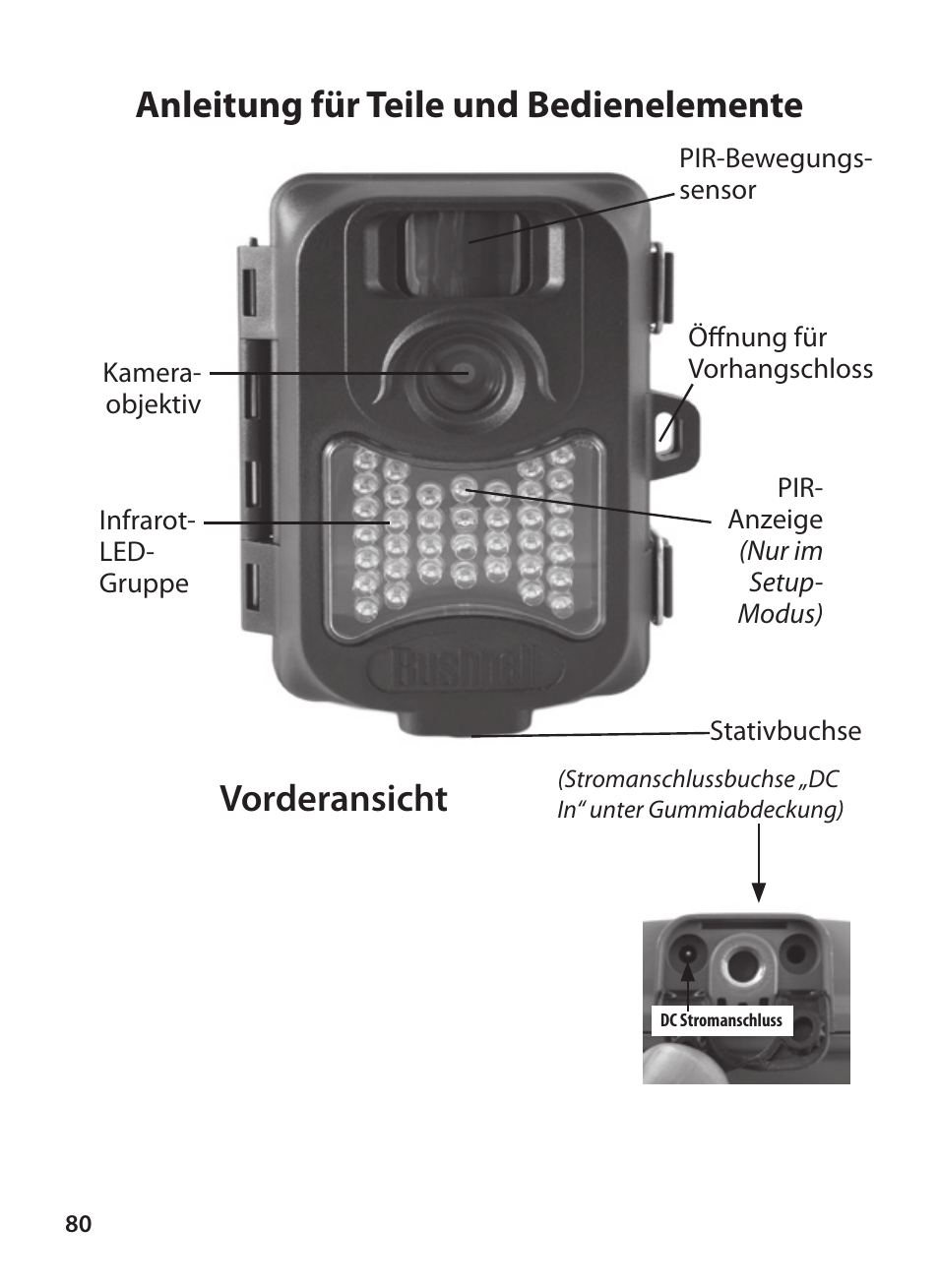 Vorderansicht, Anleitung für teile und bedienelemente | Bushnell X-8 TRAIL CAM 119327 User Manual | Page 80 / 128