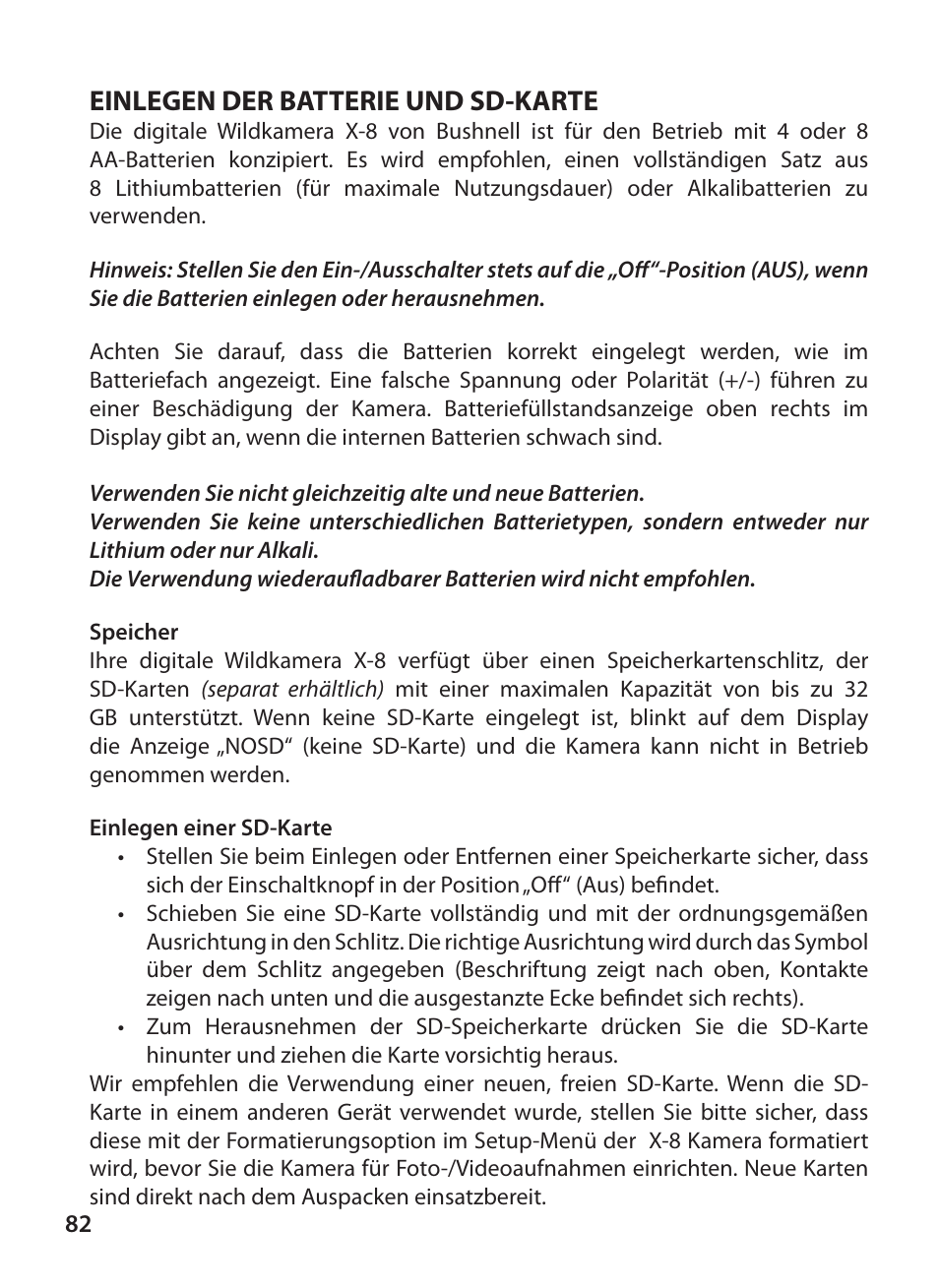 Einlegen der batterie und sd-karte | Bushnell X-8 TRAIL CAM 119327 User Manual | Page 82 / 128