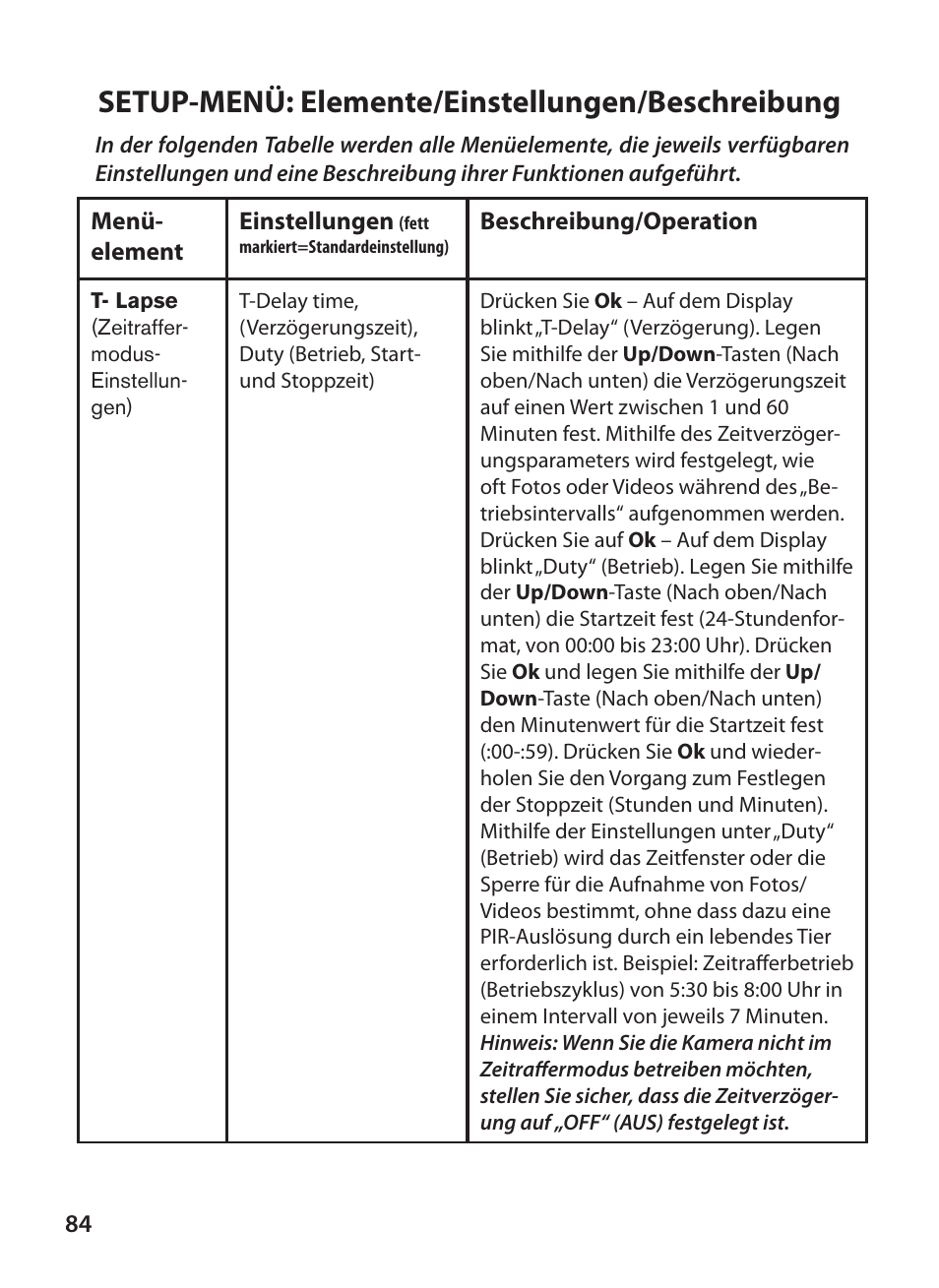 Setup-menü: elemente/einstellungen/beschreibung | Bushnell X-8 TRAIL CAM 119327 User Manual | Page 84 / 128