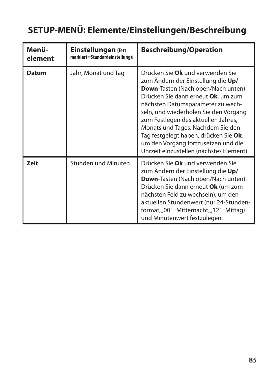 Setup-menü: elemente/einstellungen/beschreibung | Bushnell X-8 TRAIL CAM 119327 User Manual | Page 85 / 128