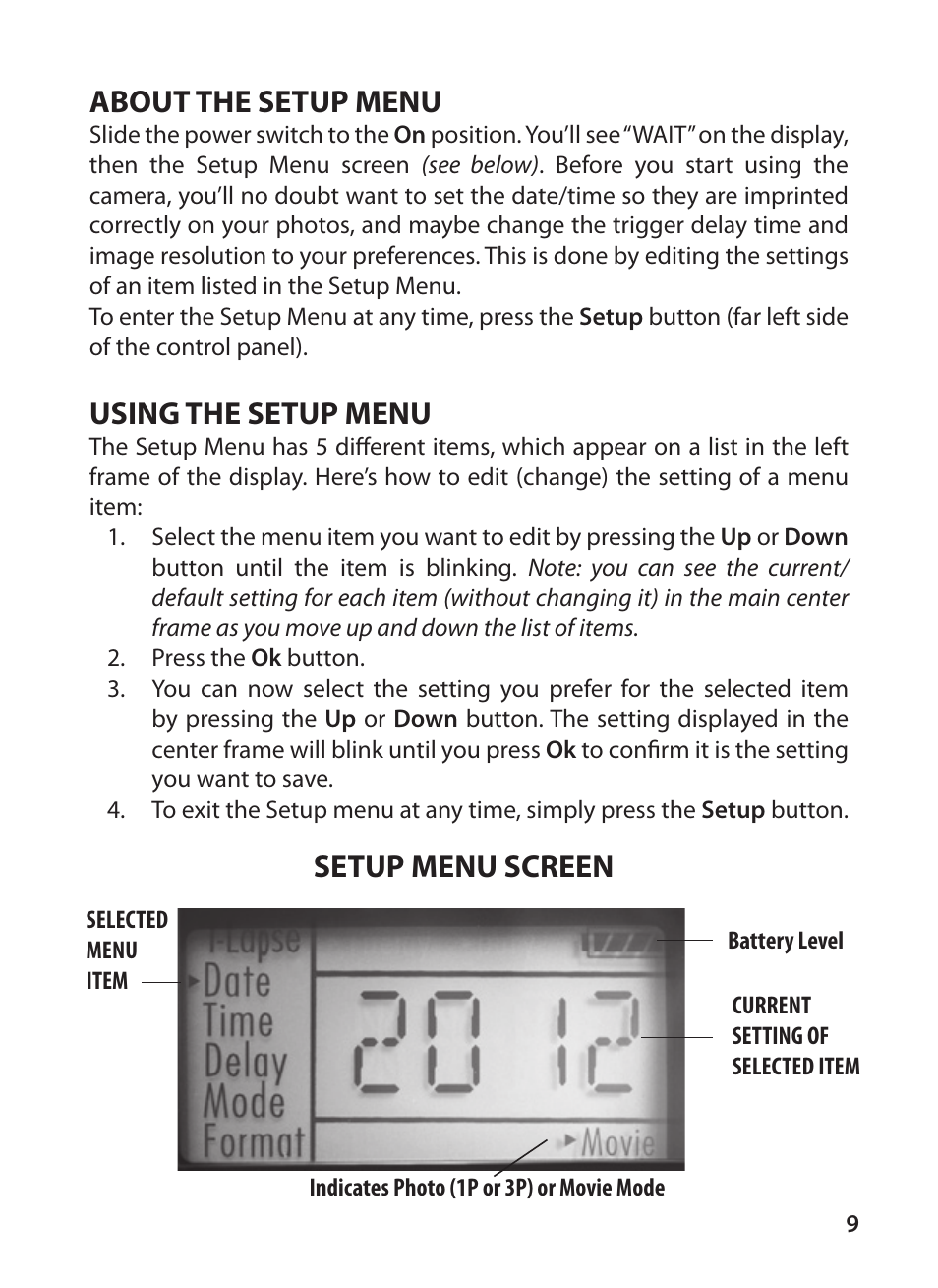 About the setup menu, Using the setup menu, Setup menu screen | Bushnell X-8 TRAIL CAM 119327 User Manual | Page 9 / 128