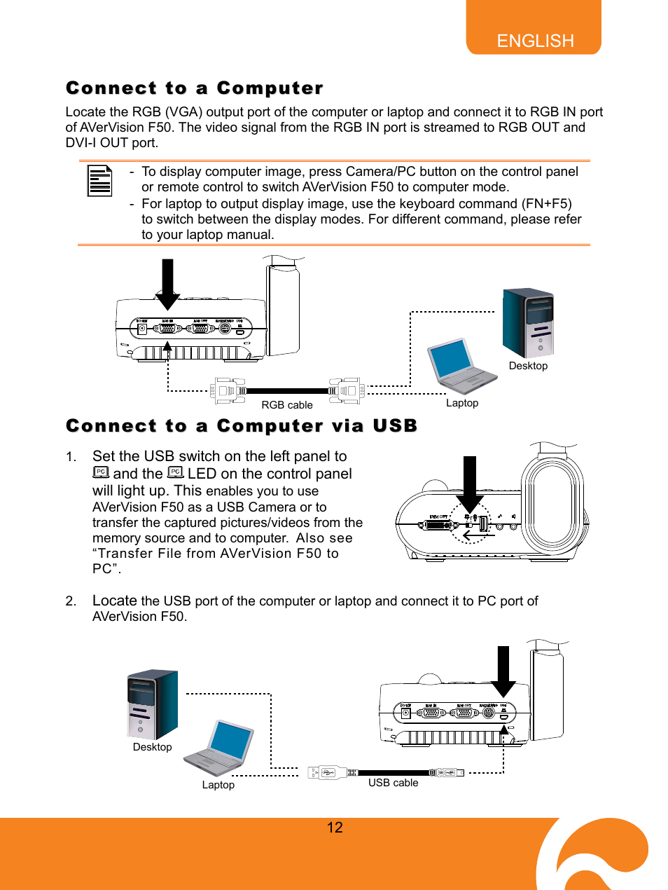 Connect to a computer, Connect to a computer via usb | AVer F50 user manual User Manual | Page 17 / 47