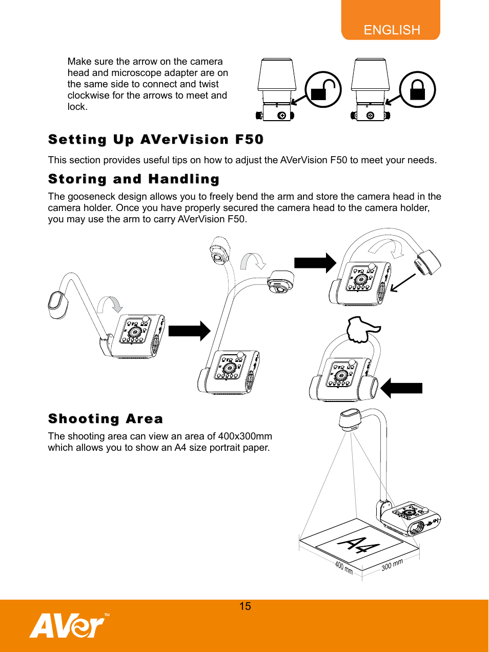 Setting up avervision f50, Storing and handling, Shooting area | AVer F50 user manual User Manual | Page 20 / 47