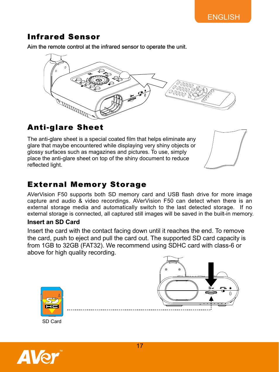 Infrared sensor, Anti-glare sheet, External memory storage | Insert, Card, Insert an sd card | AVer F50 user manual User Manual | Page 22 / 47