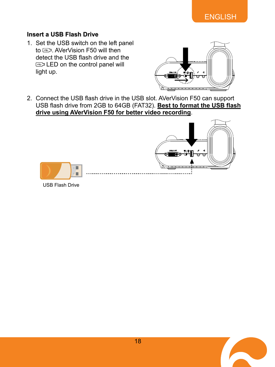 Insert, Flash, Drive | Insert a usb flash drive, English | AVer F50 user manual User Manual | Page 23 / 47