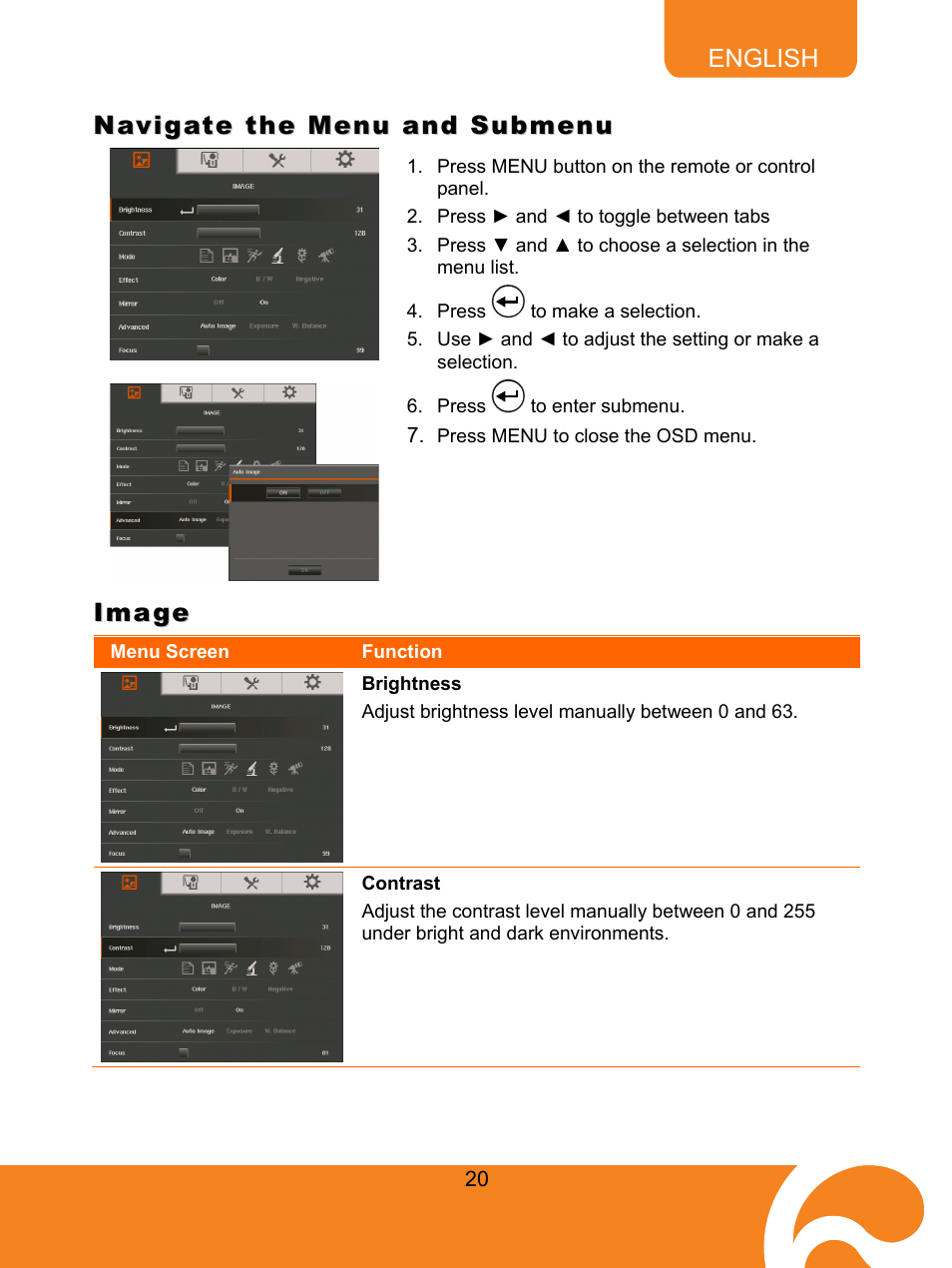 Navigate the menu and submenu, Image, Brightness | Contrast | AVer F50 user manual User Manual | Page 25 / 47