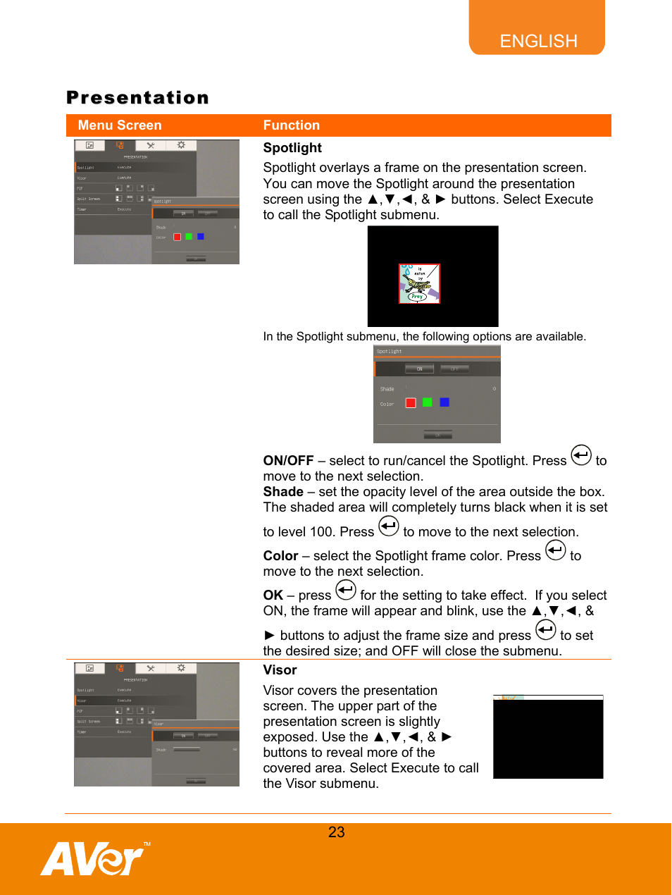 Presentation, Spotlight, Visor | AVer F50 user manual User Manual | Page 28 / 47