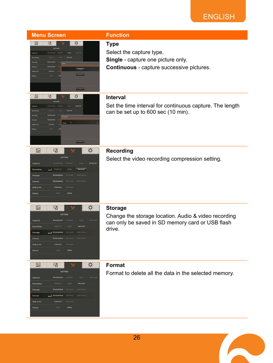 Type, Interval, Recording | Storage, Format, English | AVer F50 user manual User Manual | Page 31 / 47