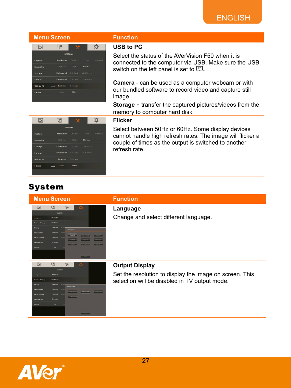 Usb to pc, Flicker, System | Language, Output display | AVer F50 user manual User Manual | Page 32 / 47