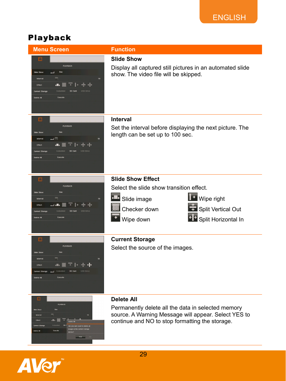 Playback, Slide show, Interval | Slide show effect, Current storage, Delete all | AVer F50 user manual User Manual | Page 34 / 47