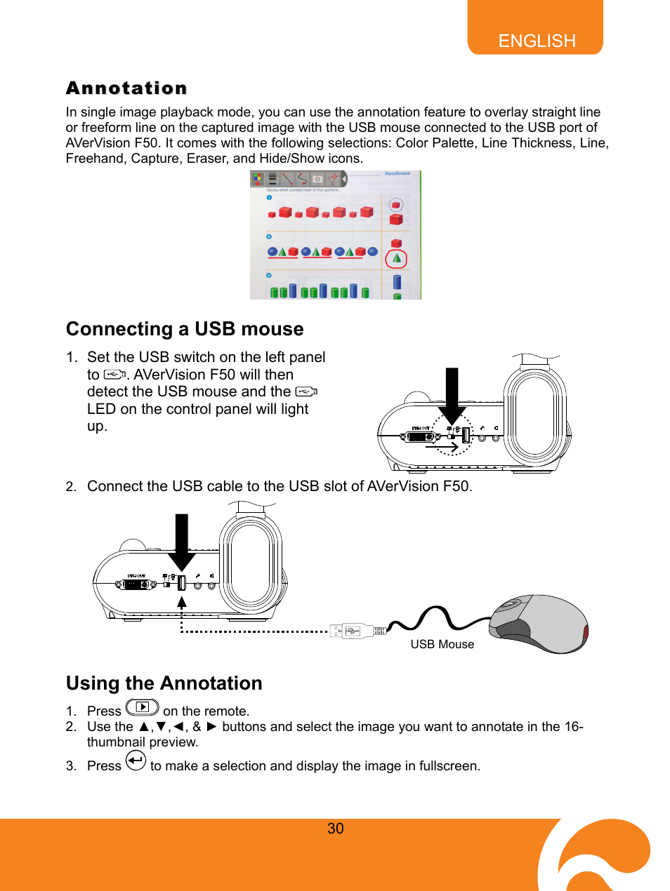 Annotation, Connecting a usb mouse, Using the annotation | AVer F50 user manual User Manual | Page 35 / 47