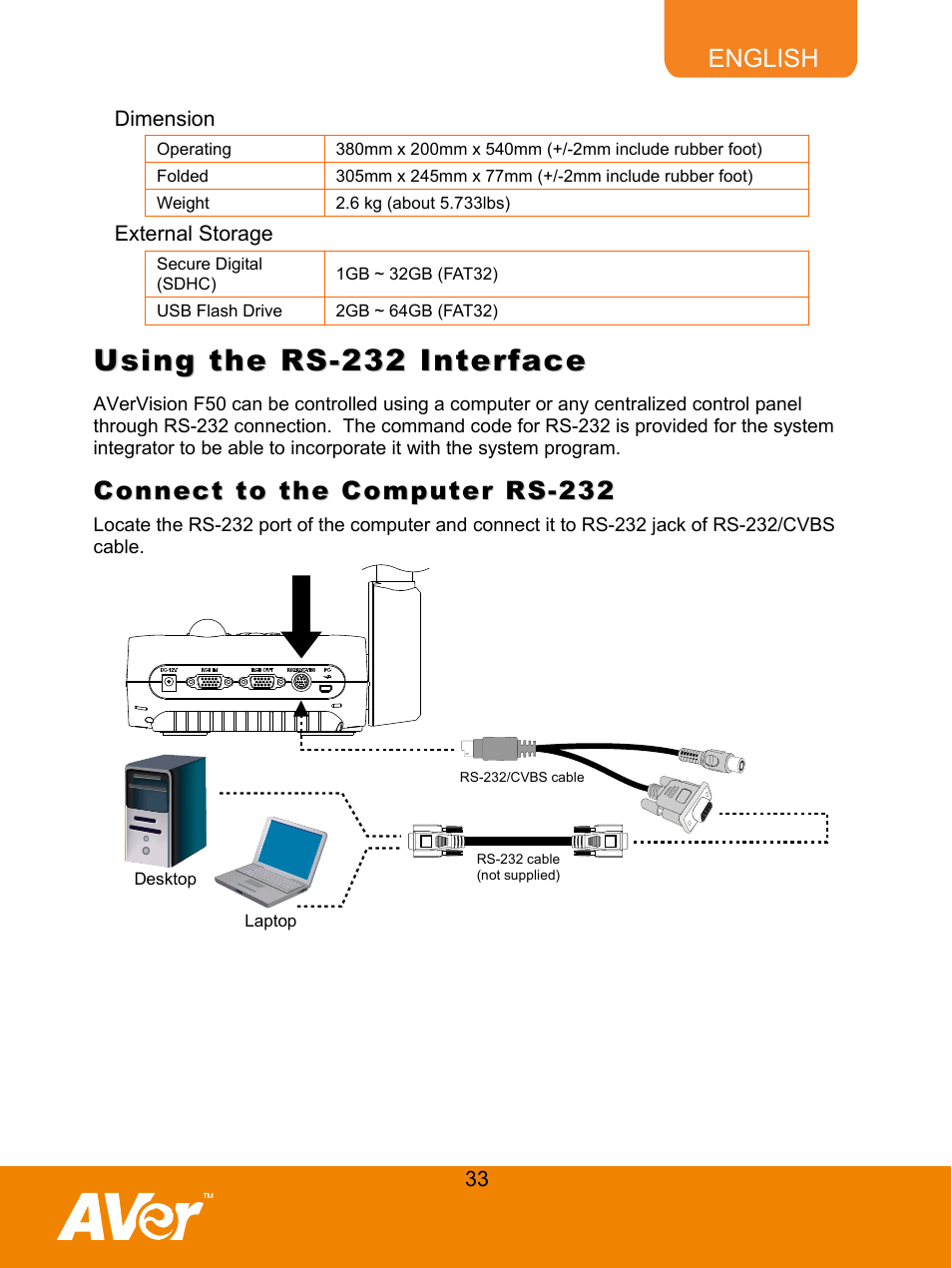 Dimension, External storage, Using the rs-232 interface | Connect to the computer rs-232 | AVer F50 user manual User Manual | Page 38 / 47