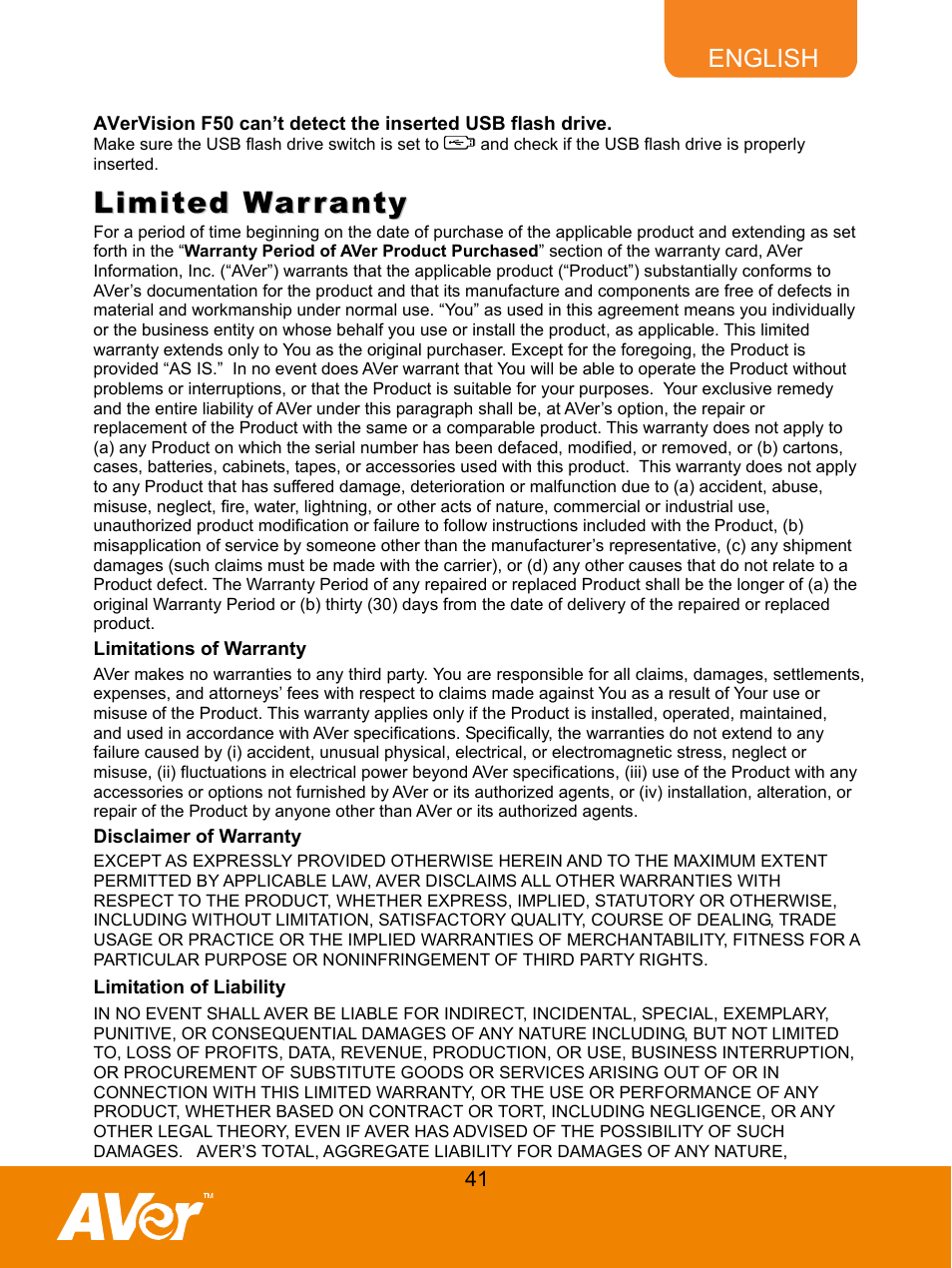 Limited warranty | AVer F50 user manual User Manual | Page 46 / 47