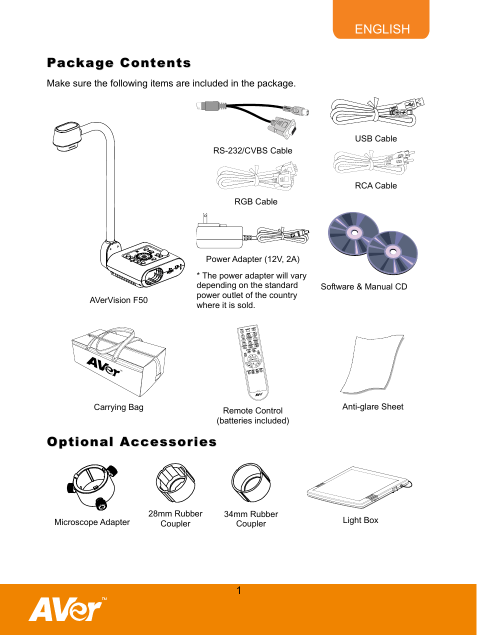 Package contents, Optional accessories | AVer F50 user manual User Manual | Page 6 / 47