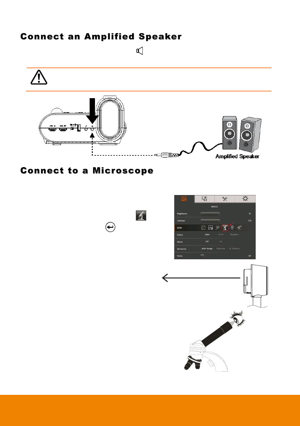 Connect an amplified speaker, Connect to a microscope | AVer F50HD user manual User Manual | Page 20 / 51