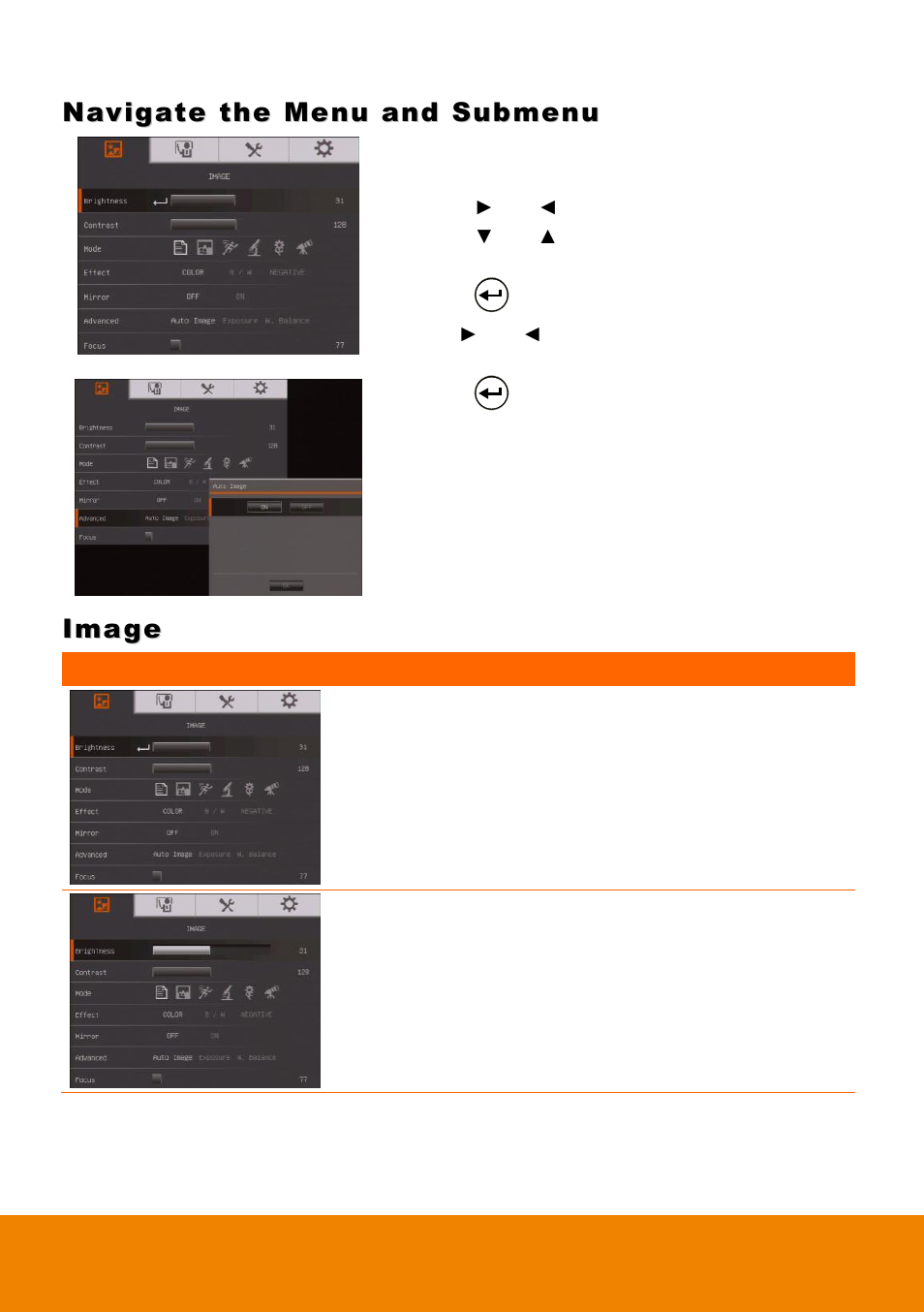 Navigate the menu and submenu, Image, Brightness | Contrast | AVer F50HD user manual User Manual | Page 27 / 51