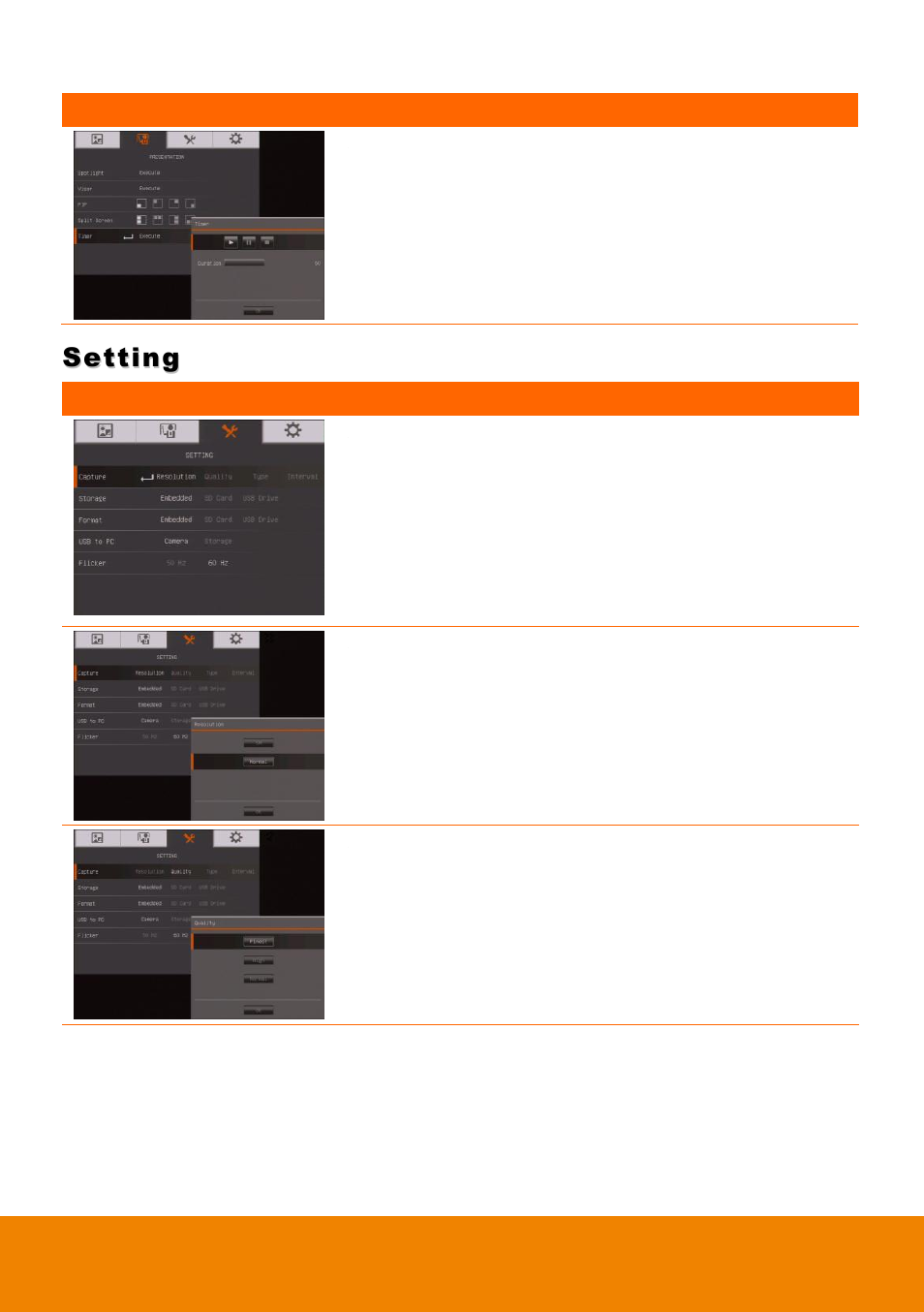 Setting, Timer, Capture | Resolution, Quality | AVer F50HD user manual User Manual | Page 32 / 51