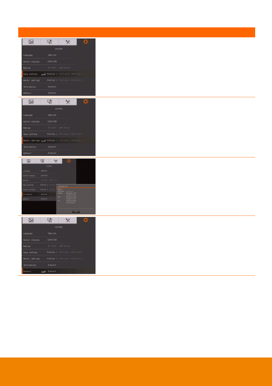Save setting, Recall setting, Information | Default, Playback | AVer F50HD user manual User Manual | Page 35 / 51