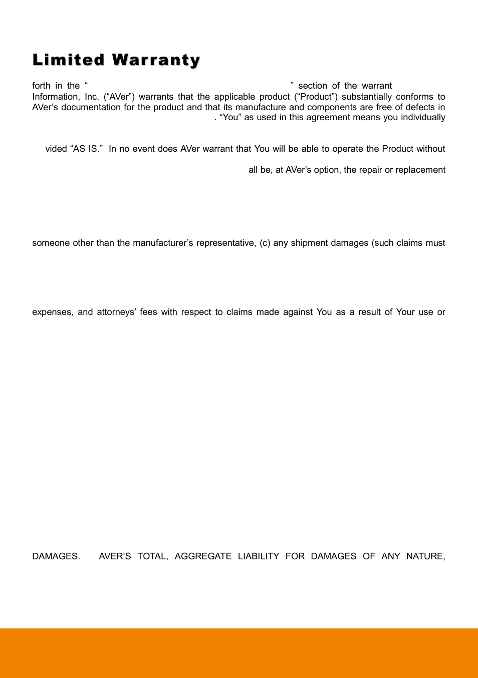 Limited warranty, Limitations of warranty, Disclaimer of warranty | Limitation of liability | AVer F50HD user manual User Manual | Page 50 / 51
