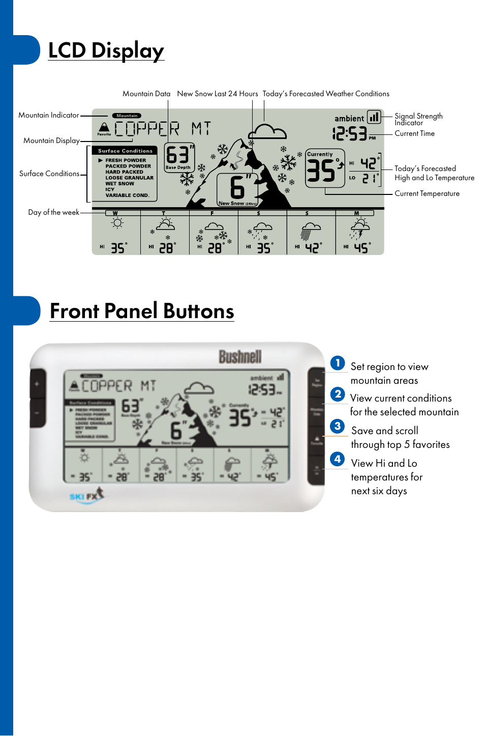 Lcd display front panel buttons | Bushnell WEATHERFX 950070C User Manual | Page 2 / 8