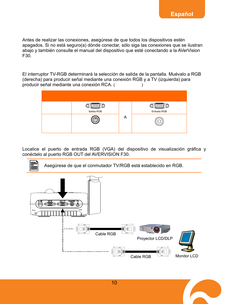 Realizar las conexiones, Configuración del interruptor tv-rgb, Conexión a un monitor o proyector lcd/dlp | AVer F30 user manual User Manual | Page 14 / 45