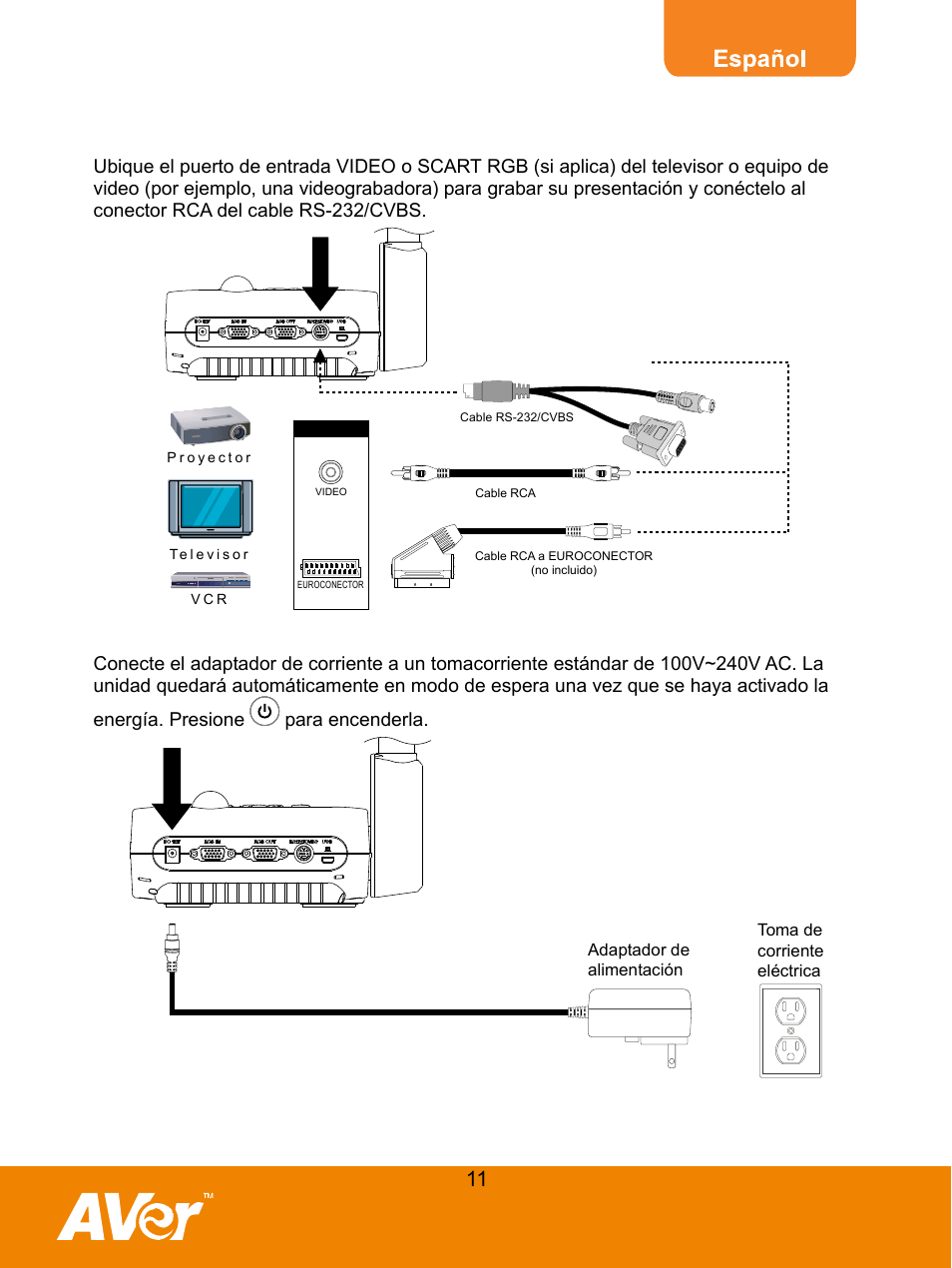 Conexión a un televisor, Conectar el adaptador de alimentació | AVer F30 user manual User Manual | Page 15 / 45