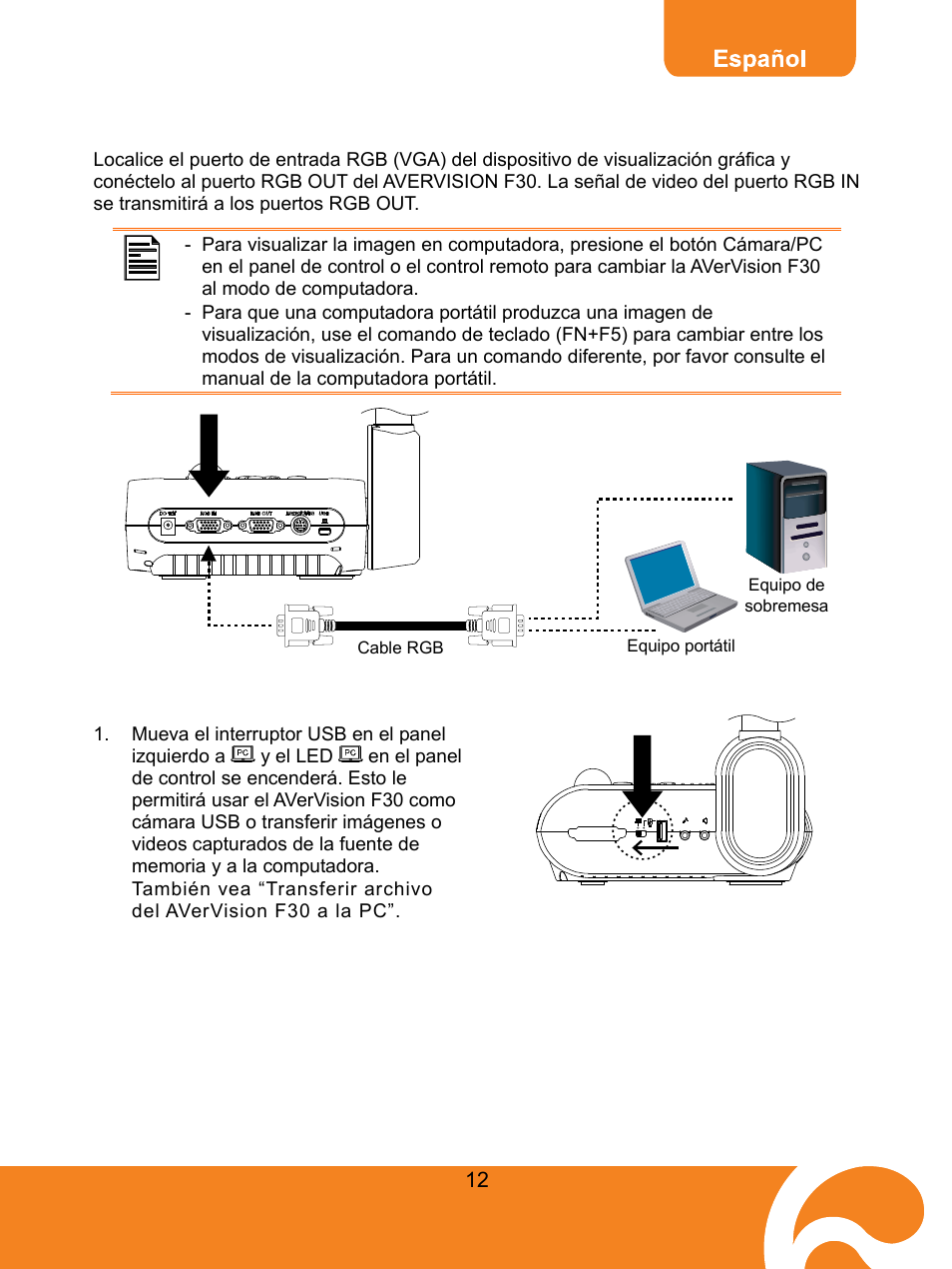 Conexión a una computadora, Conexión a una computadora mediante usb | AVer F30 user manual User Manual | Page 16 / 45