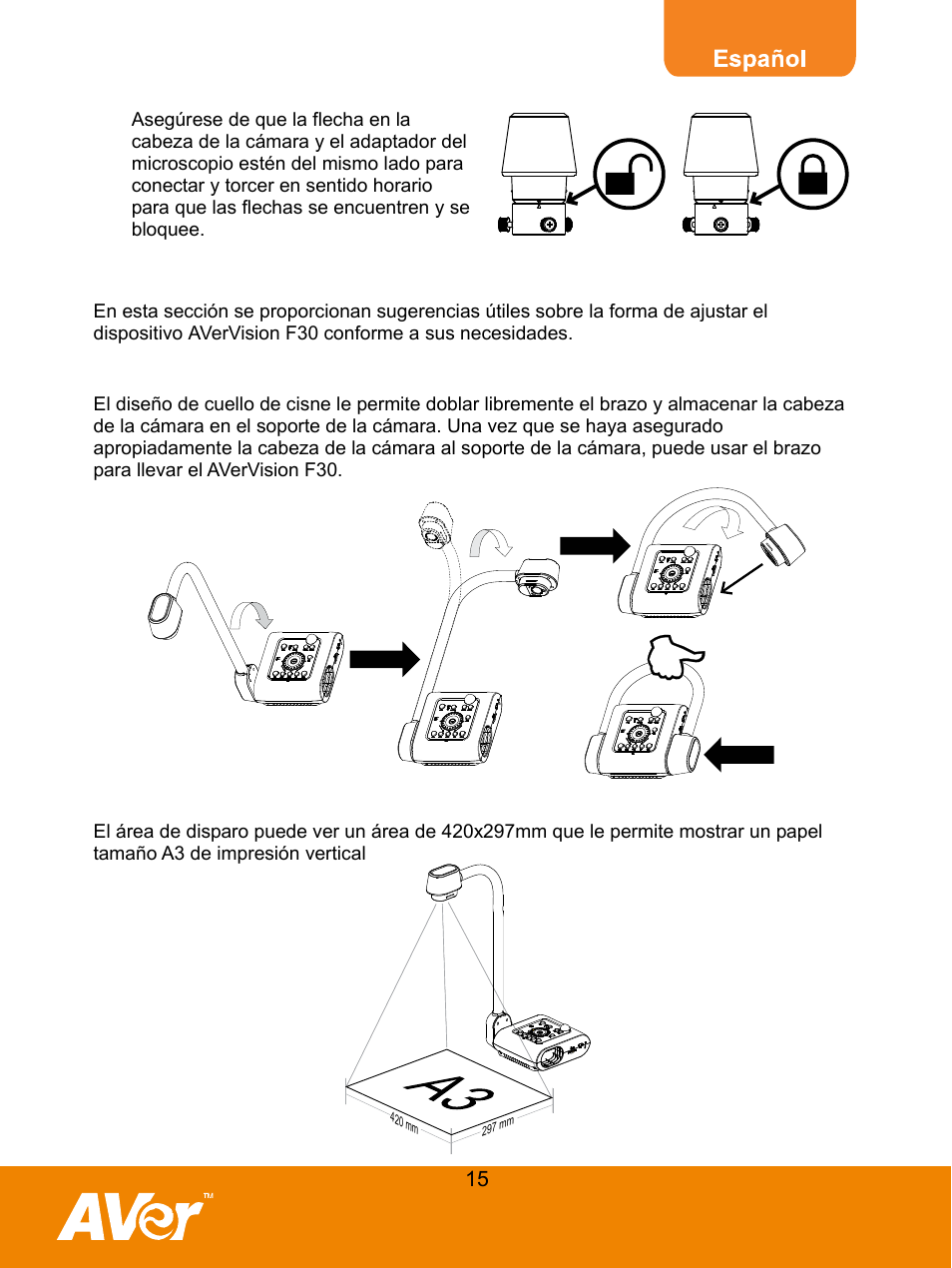 Preparar el dispositivo avervision f30, Almacenamiento y manejo, Área de disparo | AVer F30 user manual User Manual | Page 19 / 45