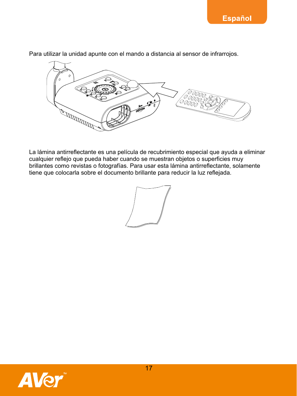 Sensor de inf rar rojos, Lámina de protección antideslumbramiento | AVer F30 user manual User Manual | Page 21 / 45