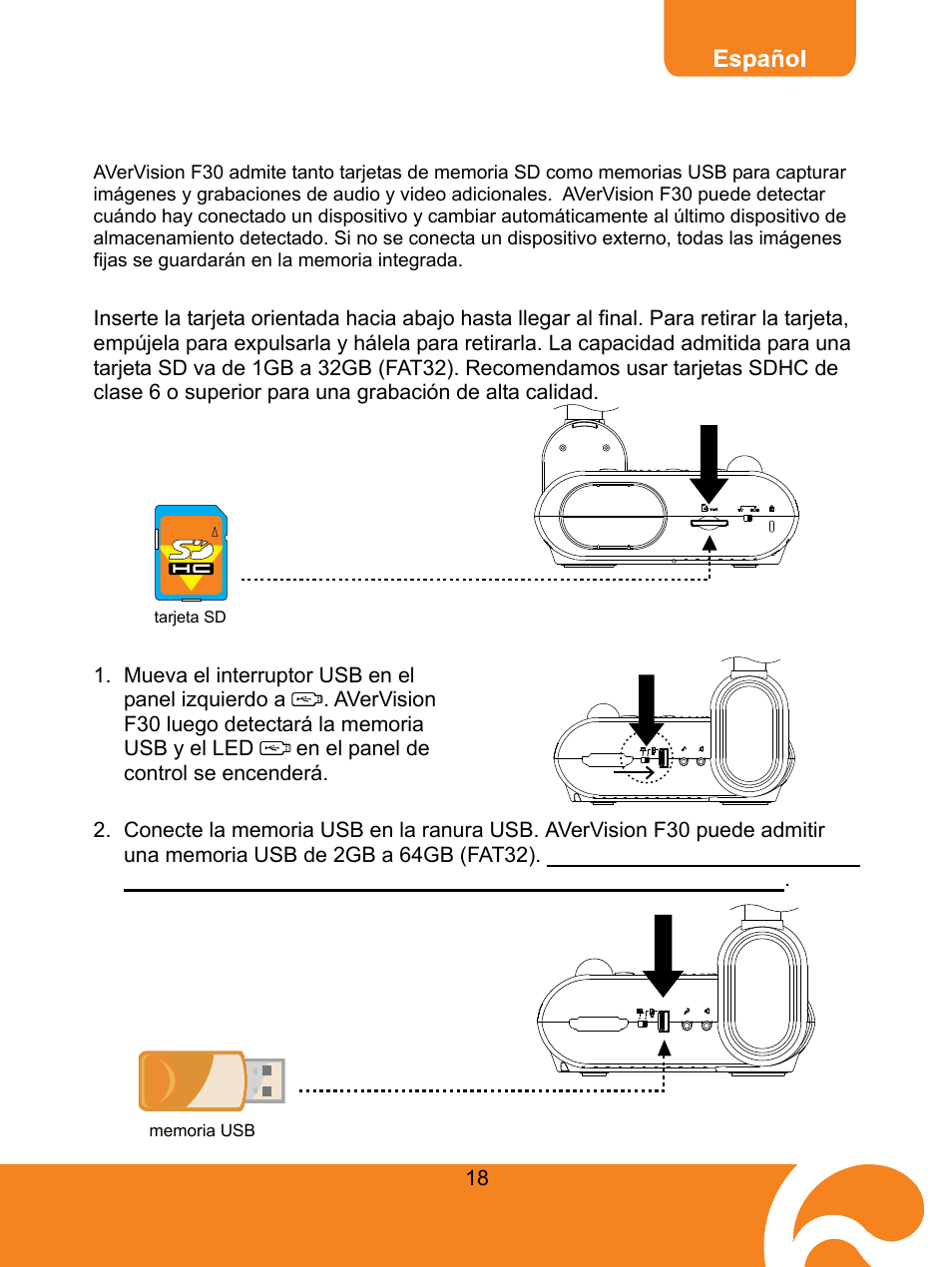 Almacenamiento de memoria externo, Inserción, Extracción | Tarjeta, Inserción y extracción de la tarjeta s, Memoria, Inserción de una memoria us | AVer F30 user manual User Manual | Page 22 / 45