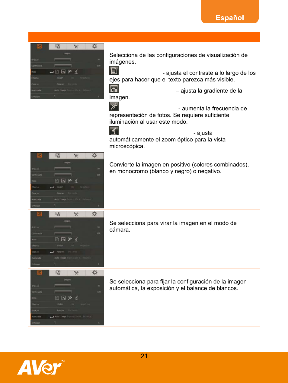 Mode[modo, Effect [efecto, Mirror [espejo | Advanced [avanzada | AVer F30 user manual User Manual | Page 25 / 45