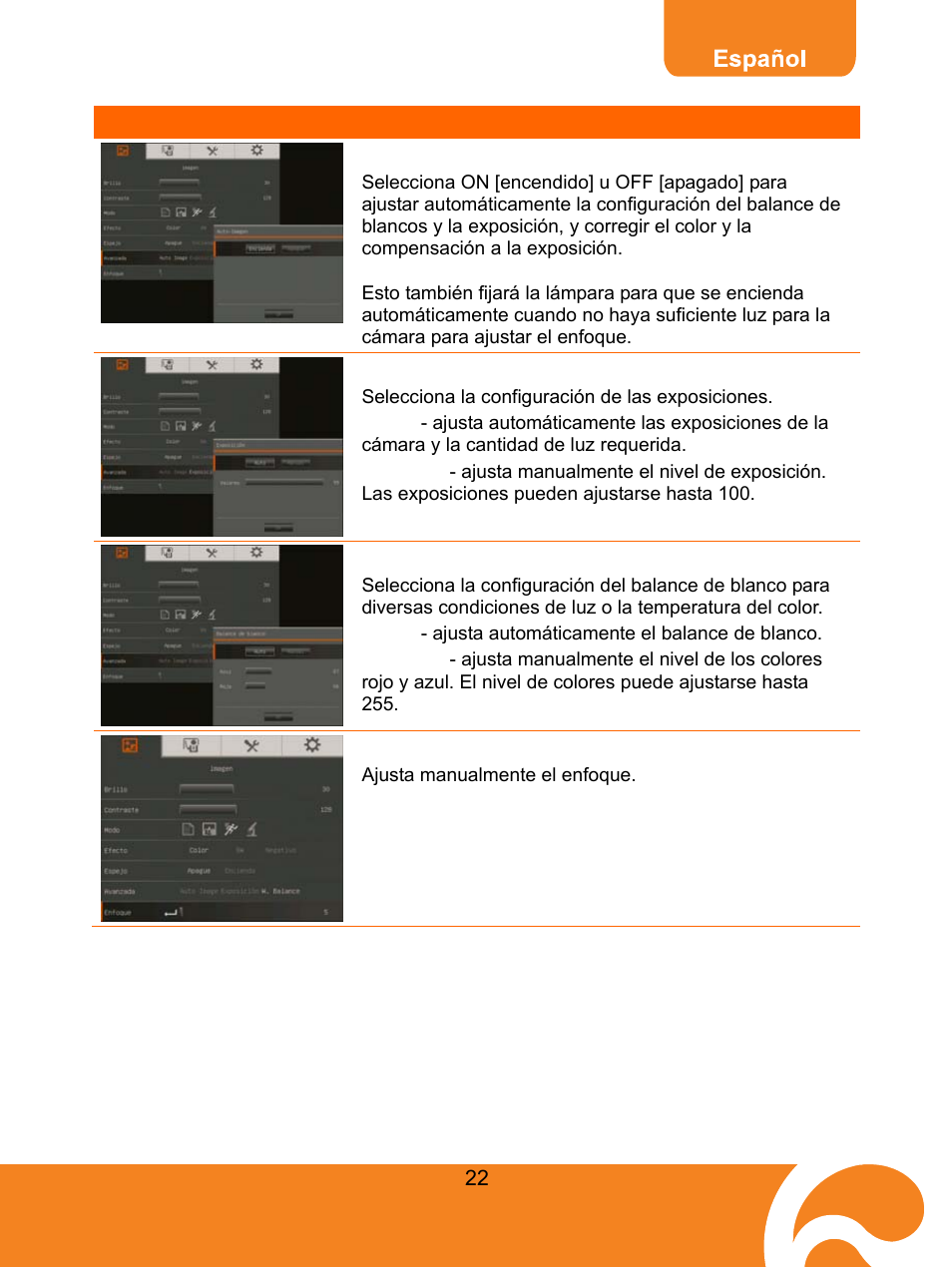Auto image [imagen automática, Exposure [exposición, White balance [balance blanco | Focus [foco | AVer F30 user manual User Manual | Page 26 / 45