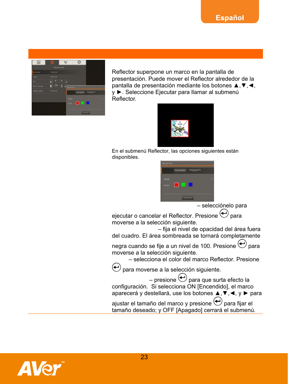 Presentación, Reflector | AVer F30 user manual User Manual | Page 27 / 45