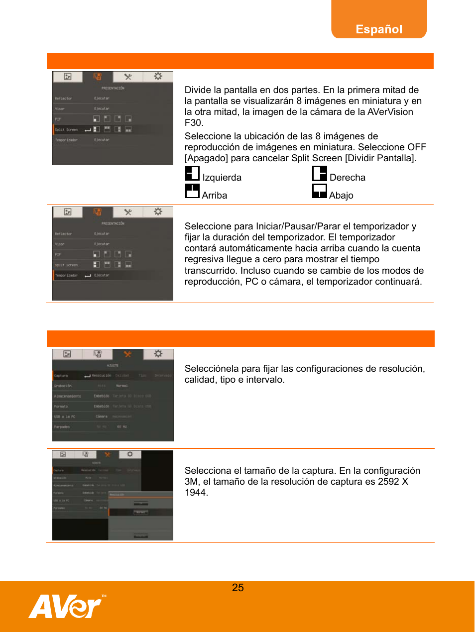 Timer [temporizador, Configuración, Capture [captura | Resolution [resolución | AVer F30 user manual User Manual | Page 29 / 45