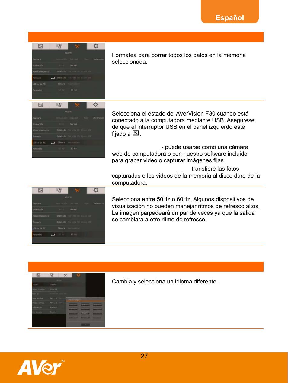 Format [formato, Usb to pc [usb a pc, Parpadeo | System | AVer F30 user manual User Manual | Page 31 / 45