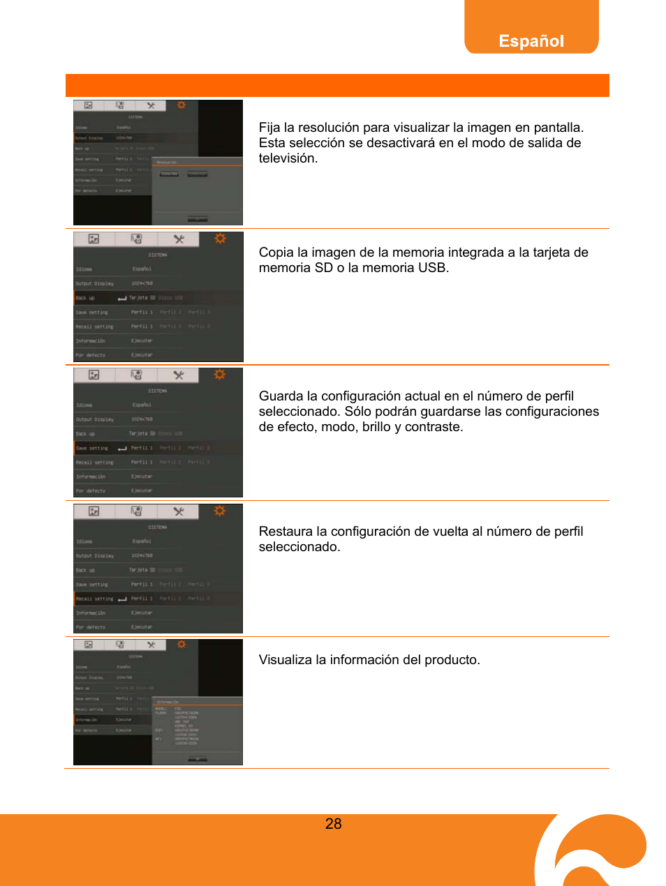 Output display [visualización de salida, Save setting [guardar configuración, Recall setting [recuperar la configuración | AVer F30 user manual User Manual | Page 32 / 45