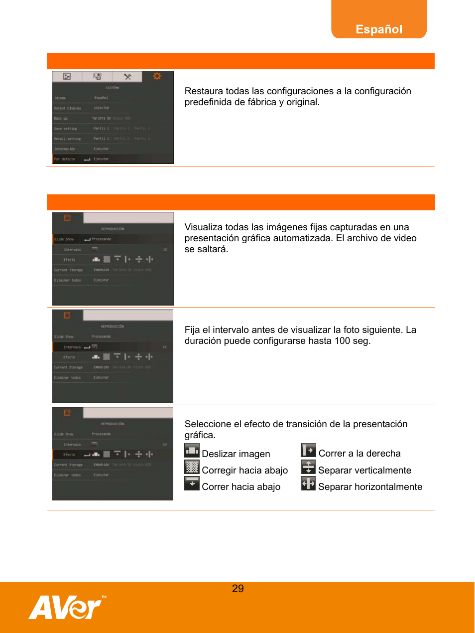 Default [defecto, Playback, Interval [intervalo | AVer F30 user manual User Manual | Page 33 / 45