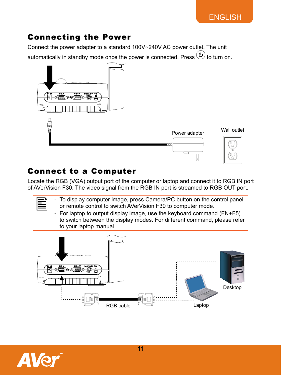 Connecting the power, Connect to a computer | AVer F30 user manual User Manual | Page 15 / 43