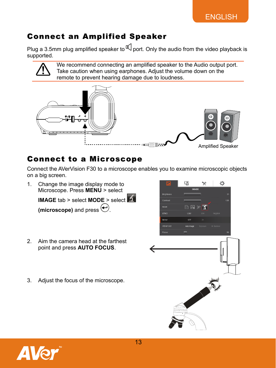 Connect an amplified speaker, Connect to a microscope | AVer F30 user manual User Manual | Page 17 / 43